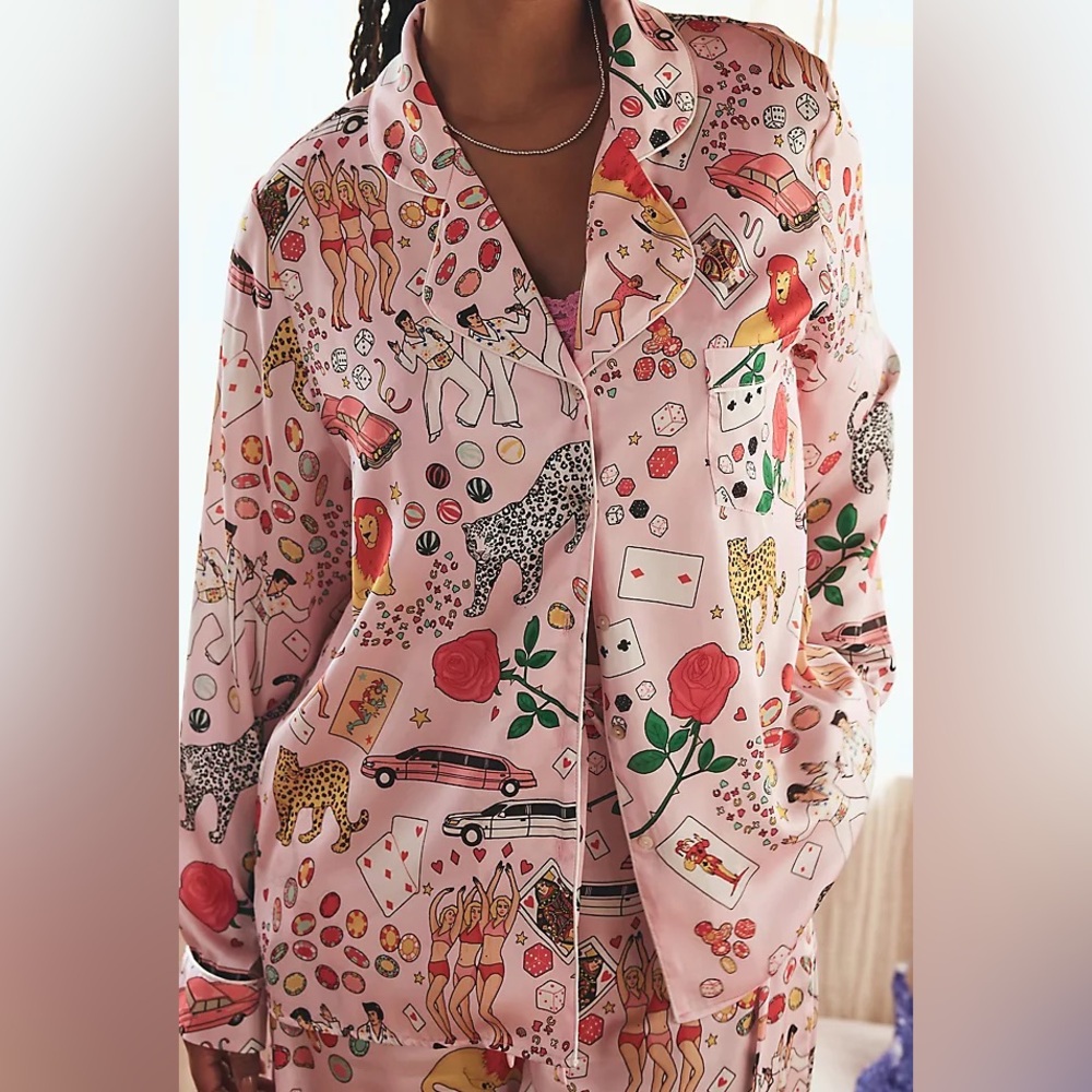 Karen Mabon Las Vegas Pink Pajama Set PJ Medium Cheetah Leopard Anthropologie M